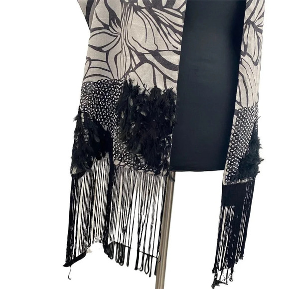 Pashmina Wool Shawl with Silky Tassel Fringe Feathers and Beading NWT - Picture 4 of 14